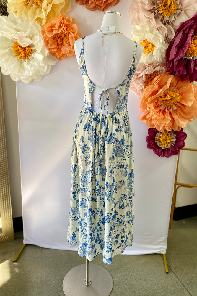 Open Back Printed Maxi Dress Cream and Blue