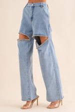 Denim Cut Out Rhinestone Jeans Washed Denim