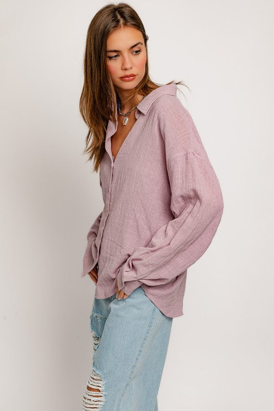 Oversized Linen Button Down Shirt Lavender