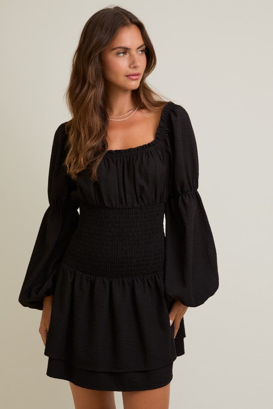 Square Neck Smocked Long Sleeve Dress Black Extra Small
