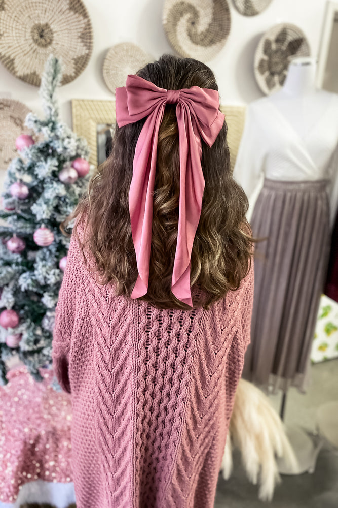 Long Satin Hair Bow Barrette Clip: Pink