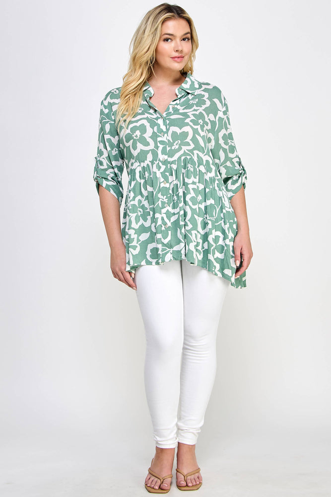 Plus Floral Babydoll Button Down Top Soft Green