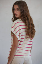Short Sleeve Striped Knit Sweater Pink and Ivory