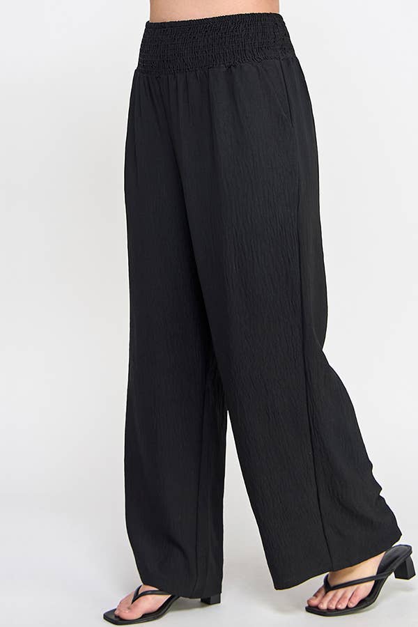 Plus Size Smocked Wide-Leg Pants Black