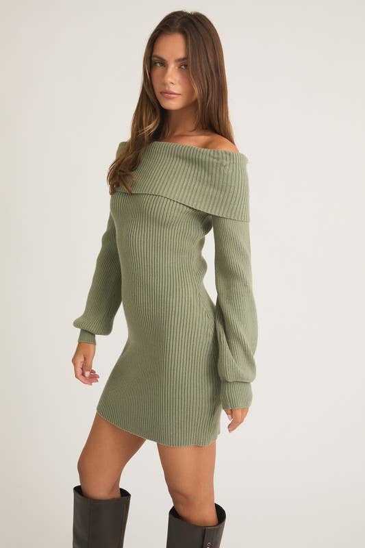 Ballon Sleeve Off Shoulder Sweater Dress Sage