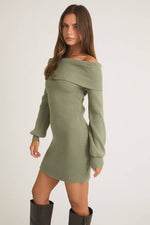 Ballon Sleeve Off Shoulder Sweater Dress Sage