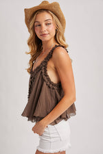 Gathered Strap Raw Edge V-Neck Flowy Tank