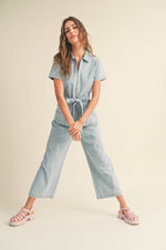 Zip Front Denim Jumpsuit Tie Detail