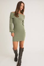 Ballon Sleeve Off Shoulder Sweater Dress Sage