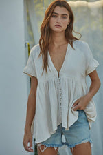 Woven Cotton Gauze Plunged V-Neck Button Top