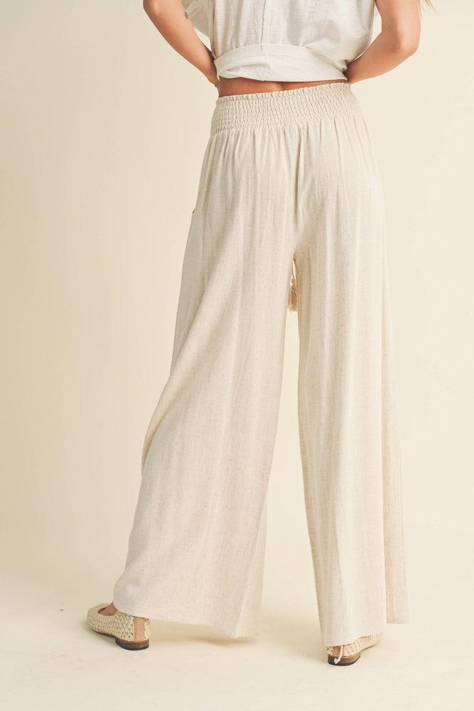 Linen Smocked Waist Wide Leg Pant