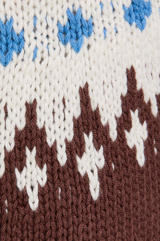 Cropped Sweater Cardigan Brown and Blue Fair Isle Style Pattern