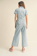 Zip Front Denim Jumpsuit Tie Detail
