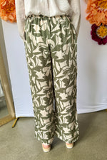 High Waist Wide Leg Satin-Like Pant Sage Print