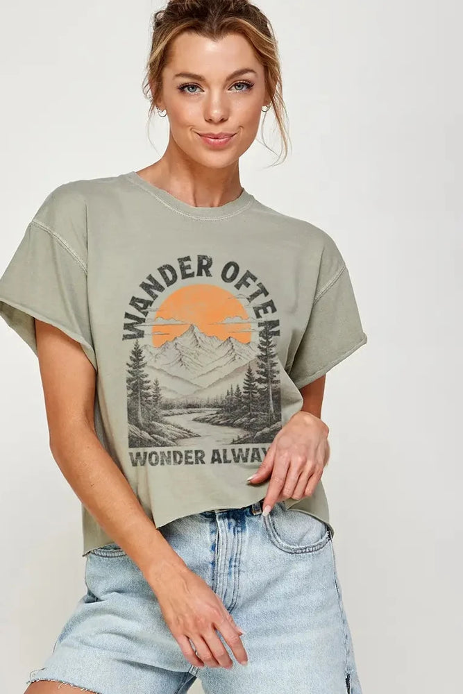 Wander Often Wonder Always Vintage Graphic Crop Tee
