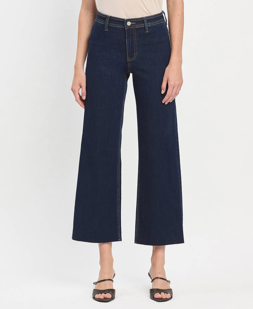 High Rise Raw Hem Wide Leg Ankle Jeans