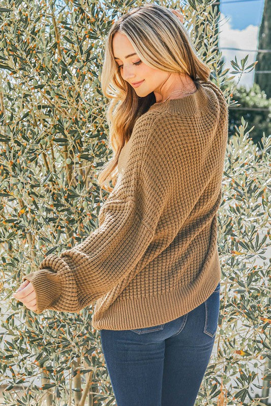 Miranda Waffle Knit Pullover Sweater Taupe