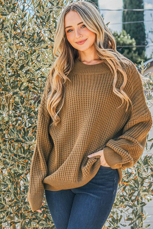 Miranda Waffle Knit Pullover Sweater Taupe