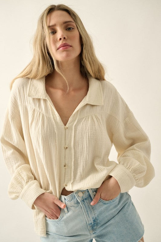 Button Front Crinkle Shirt Cream