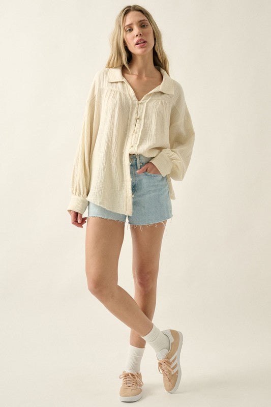 Button Front Crinkle Shirt Cream