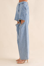 Denim Cut Out Rhinestone Jeans Washed Denim