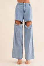 Denim Cut Out Rhinestone Jeans Washed Denim