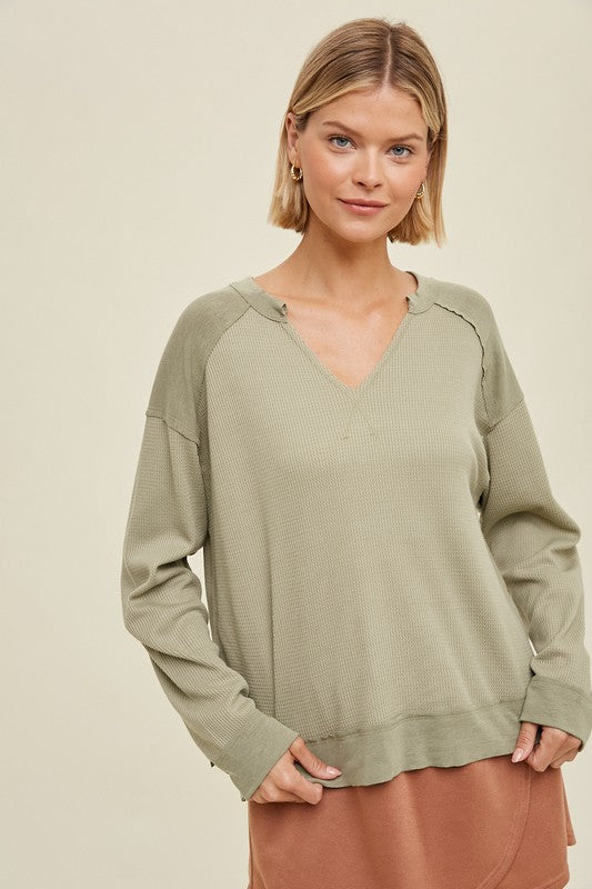 Waffle Knit Top Soft Olive