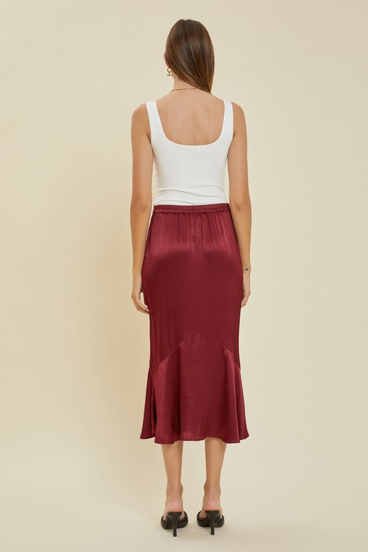 Madison Wine Satin Midi Skirt With Flounce Hem