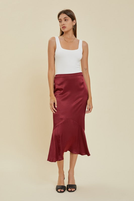 Madison Wine Satin Midi Skirt With Flounce Hem