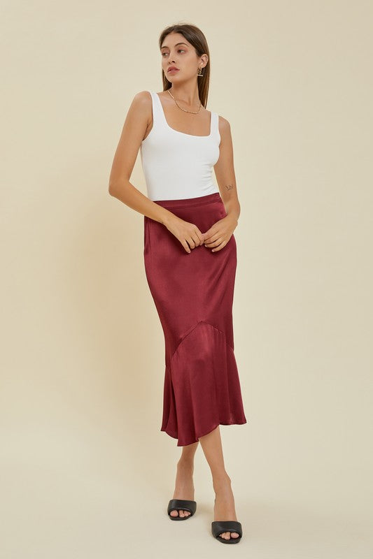 Madison Wine Satin Midi Skirt With Flounce Hem