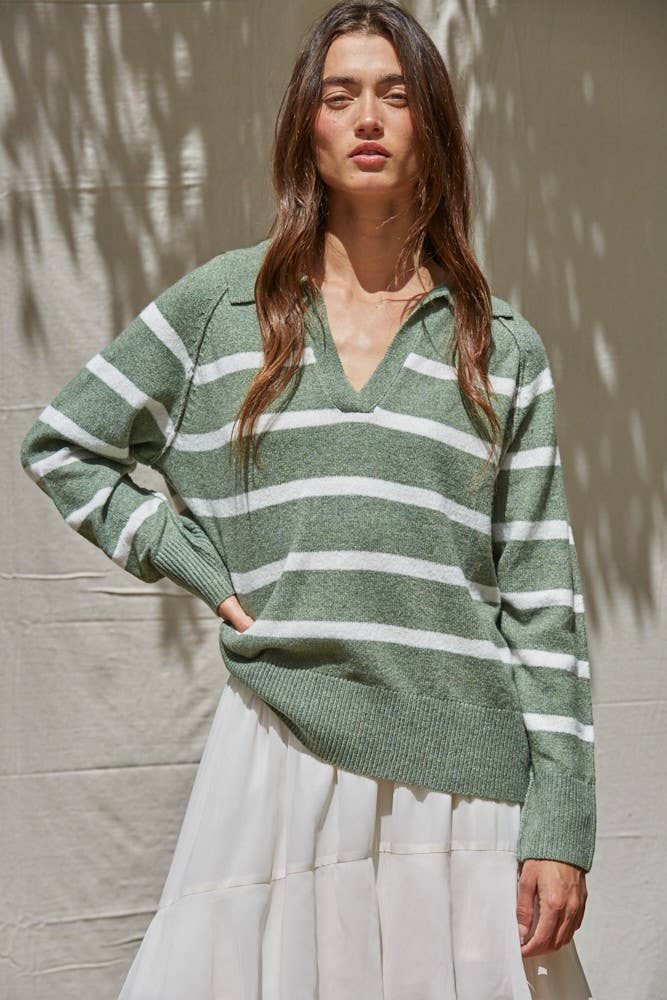 Striped Knit Wide Collar Sweater Sage