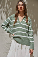 Striped Knit Wide Collar Sweater Sage