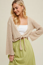 Open Knit Front Tie Cardigan Taupe