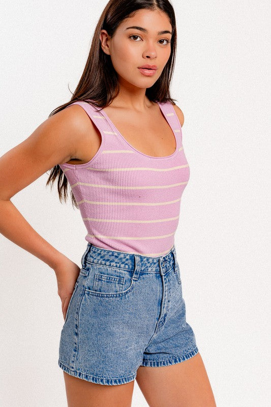 Striped Scoop Neck Tank Bodysuit Pink and Cream