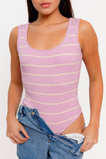 Striped Scoop Neck Tank Bodysuit Pink and Cream