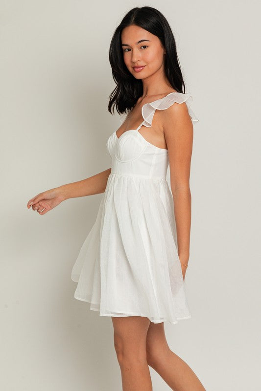 Ruffle Strap Bustier Mini Dress White