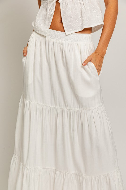 High Waisted Tiered Maxi Skirt White