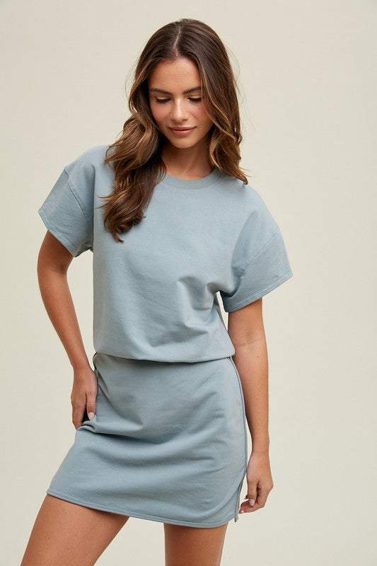French Terry Knit Mini Dress Soft Blue Small