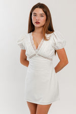 Puff Sleeve Lace Trim Mini Dress White