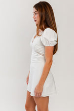 Puff Sleeve Lace Trim Mini Dress White