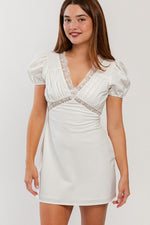 Puff Sleeve Lace Trim Mini Dress White