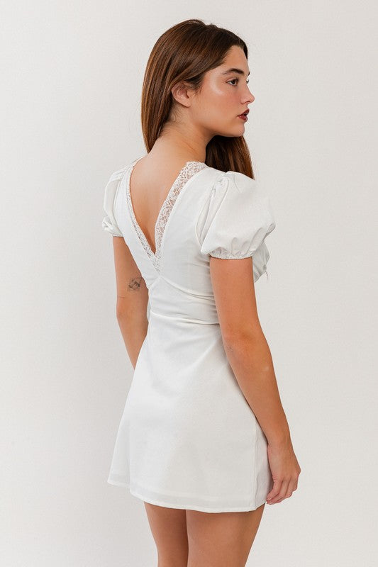 Puff Sleeve Lace Trim Mini Dress White