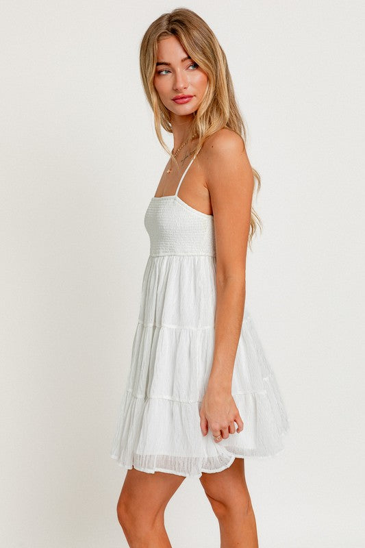 Smocked Tiered Mini Dress White