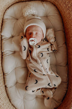 Organic Waffle 2-Way Zip Footie, Tan/Black Moon