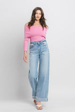High Rise Cuffed Baggy Wide Leg Jean Light Wash