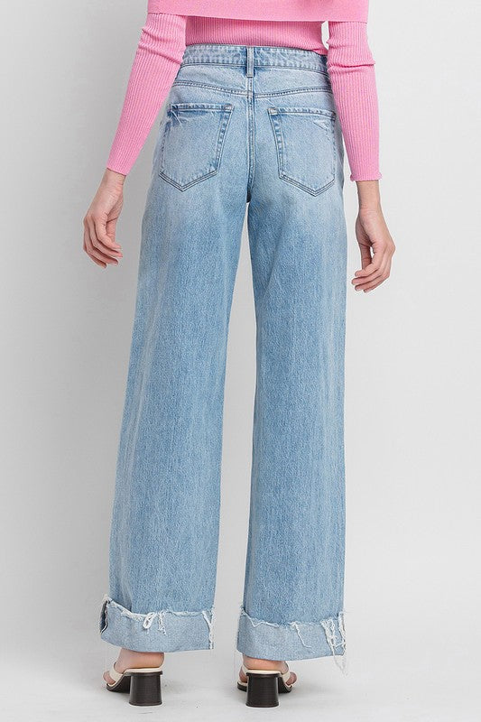 High Rise Cuffed Baggy Wide Leg Jean Light Wash
