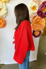 Linen Blend Tie Front Cardigan Red