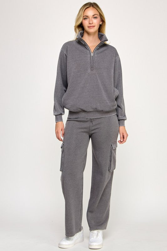 Burn Out Half Zip Mock Neck Sweater Grey