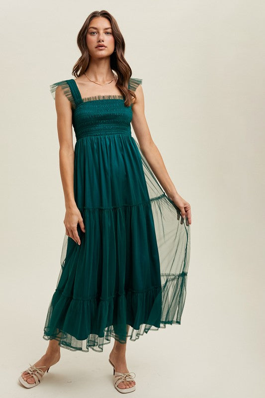 Green Organza Tiered Midi Dress Small
