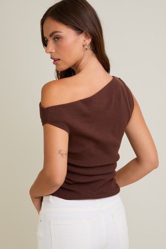 Asymetrical Neck Sweater Tank Top Mocha
